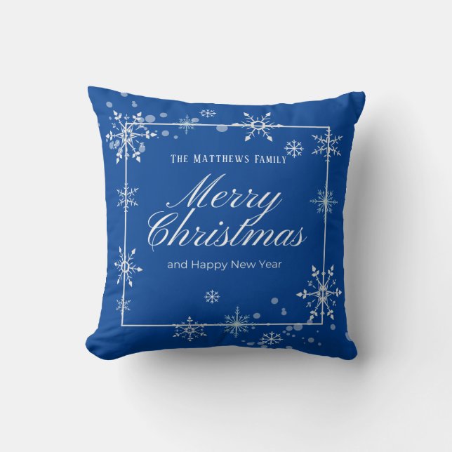 Navy Blue and Silver Snowflake Script Christmas  Throw Pillow (Front)