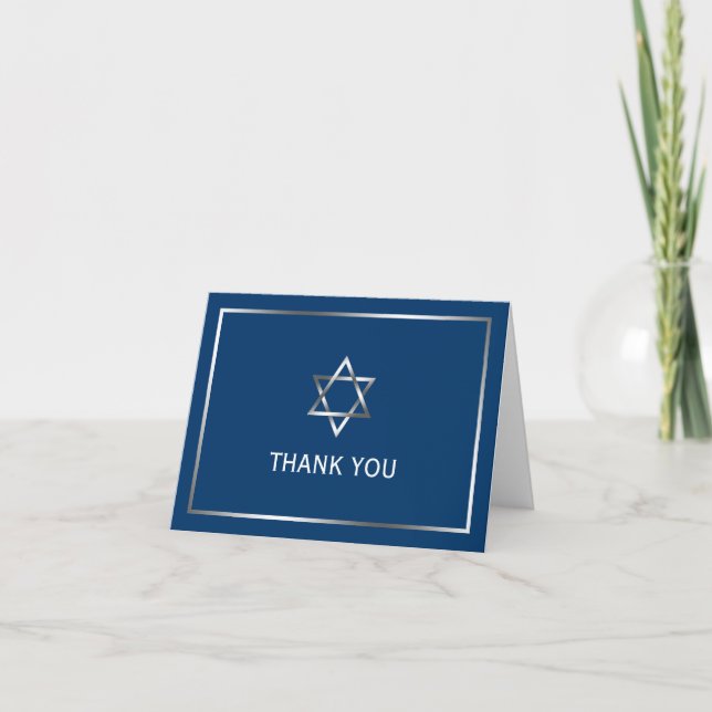 Navy Blue and Silver Star of David Thank You Card (Front)