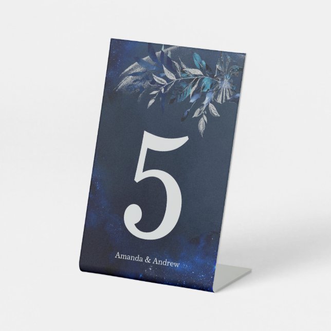  Navy Blue and Silver Table Number card Pedestal Sign (Front)
