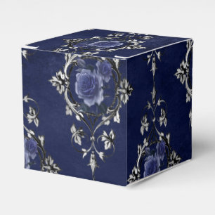 Navy Blue and Silver Victorian Floral Damask Favor Box