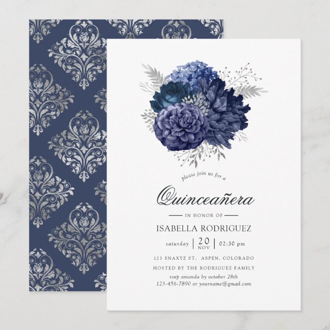 Navy Blue and Silver Vintage Rose Quinceañera Invitation (Front/Back)
