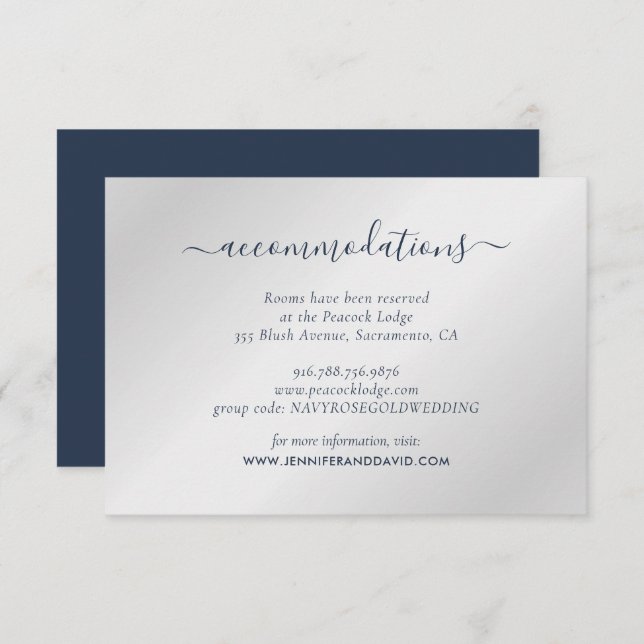 Navy Blue and Silver Wedding Hotel Accommodation Enclosure Card (Front/Back)