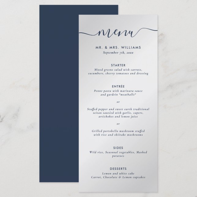 Navy Blue and Silver Wedding Menu (Front/Back)