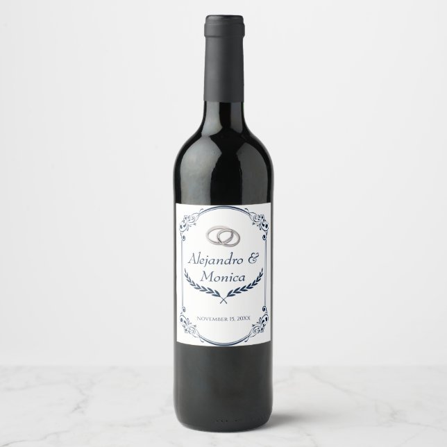 Navy Blue and Silver Wedding Ring Wine Label (Front)