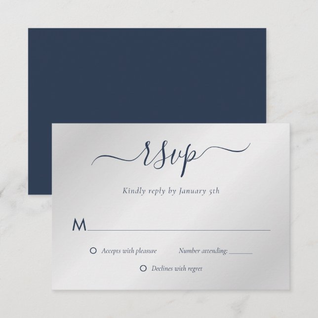 Navy Blue and Silver Wedding RSVP Card (Front/Back)