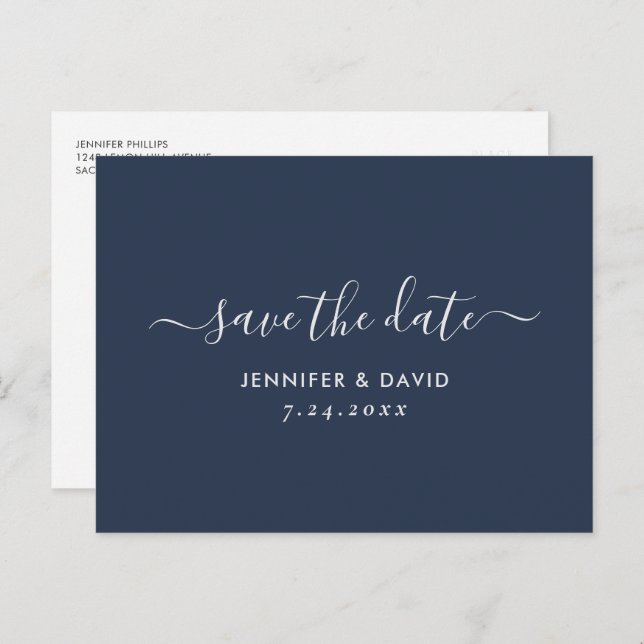 Navy Blue and Silver Wedding Save The Date Announcement Postcard (Front/Back)