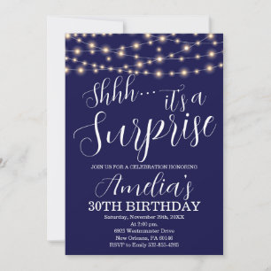 Navy Blue and String Light Surprise Birthday Invitation