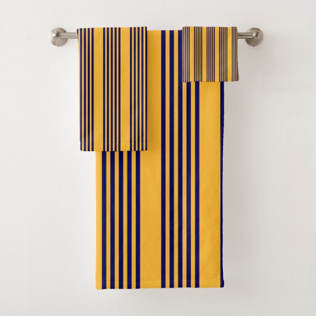 Navy blue and sunny yellow five stripes pattern bath towel set (Insitu)