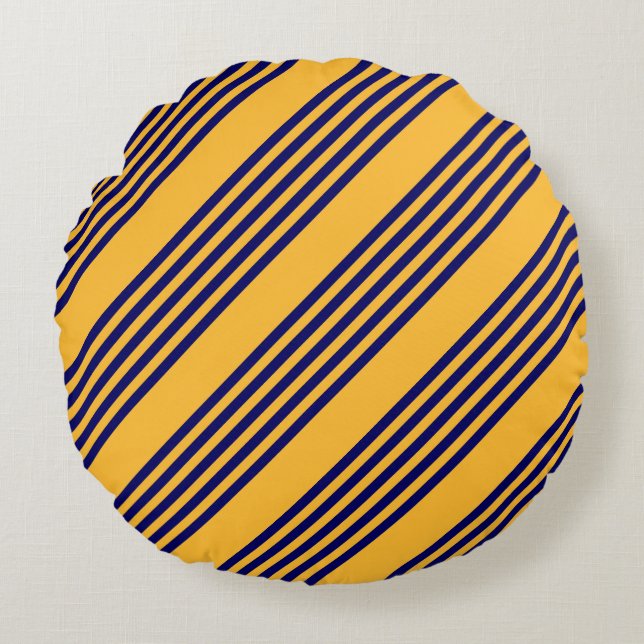 Navy blue and sunny yellow five stripes pattern round pillow (Front)