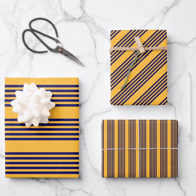 Navy blue and sunny yellow five stripes pattern wrapping paper sheet (Front)