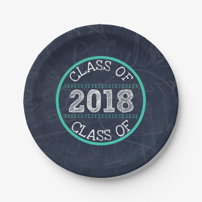 Navy Blue and Teal Chalkboard Graduation Party Paper Plate (Front)