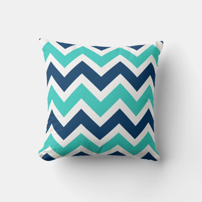 Navy Blue and Teal Chevron Zigzag Pattern Throw Pillow (Front)