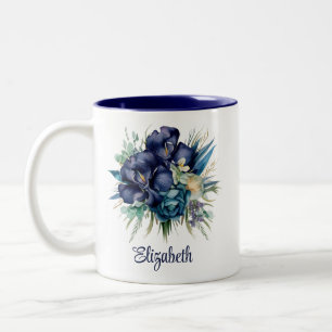 Navy Blue and Teal Floral Custom Name Mug
