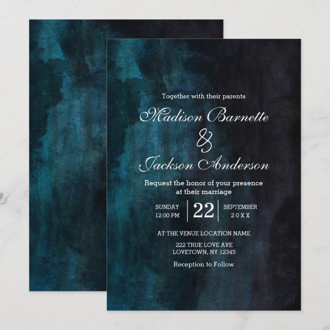 Navy Blue and Teal Watercolor Wash Wedding Invitation (Front/Back)