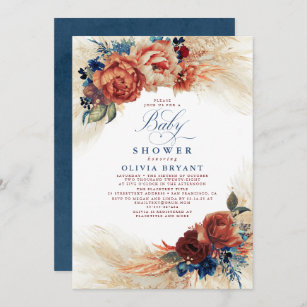 Navy Blue and Terracotta Floral Boho Baby Shower Invitation