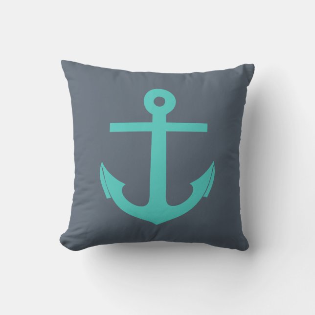 Navy Blue and Turquoise Anchor Nautical Throw Pillow (Front)