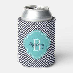 Navy Blue and Turquoise Greek Key Monogram Can Cooler