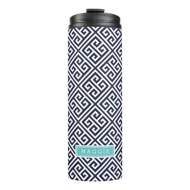 Navy Blue and Turquoise Greek Key Monogram Thermal Tumbler (Front)