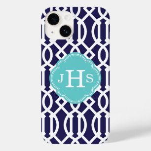 Navy Blue and Turquoise Modern Trellis Monogram Case-Mate iPhone 14 Case