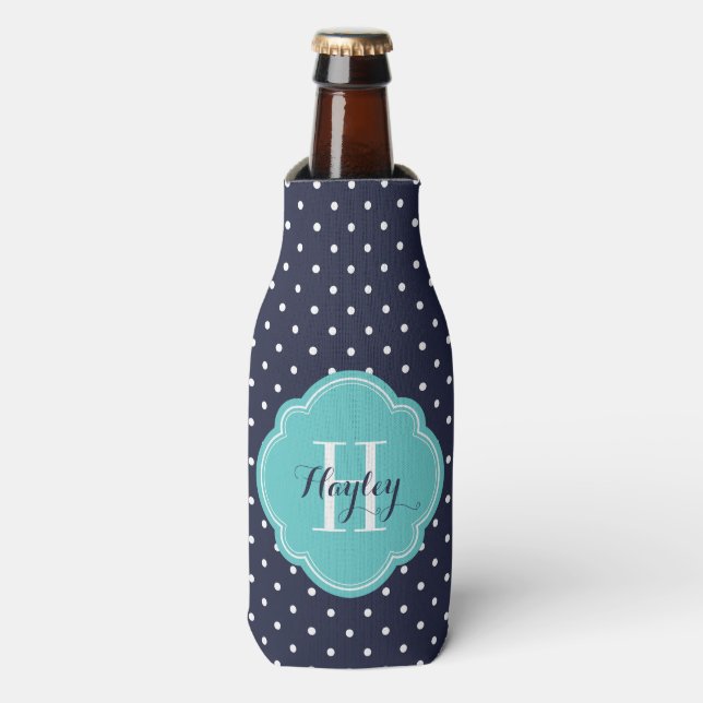 Navy Blue and Turquoise Polka Dots Monogram Bottle Cooler (Bottle Front)