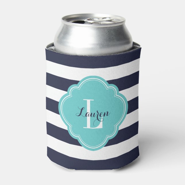 Navy Blue and Turquoise Preppy Stripes Monogram Can Cooler (Can Front)