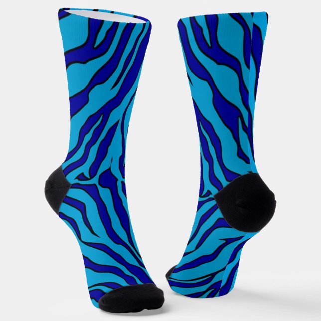 Navy Blue And Turquoise Tiger Stripes Animal Print Socks (Angled)