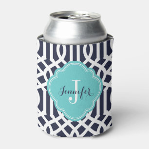 Navy Blue and Turquoise Trellis Monogram Can Cooler