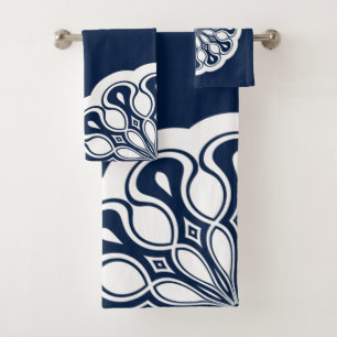 Navy Blue and White Abstract Modern Mandala Bath Towel Set