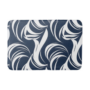 Navy Blue and White Abstract Wave Modern Nautical Bath Mat