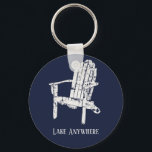 Navy Blue and White Adirondack Chair Personalized Keychain<br><div class="desc">Create your own souvenir or small personalized gift. This keychain features an illustration of a wooden Adirondack chair in eggshell white against a navy blue coloured background. Your text appears in matching white print lettering below the graphic.</div>