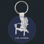 Navy Blue and White Adirondack Chair Personalized Keychain<br><div class="desc">Create your own souvenir or small personalized gift. This keychain features an illustration of a wooden Adirondack chair in eggshell white against a navy blue coloured background. Your text appears in matching white print lettering below the graphic.</div>