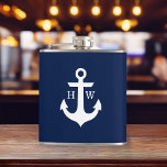 Navy Blue and White Anchor Monogram Hip Flask<br><div class="desc">Modern and trendy nautical design.</div>