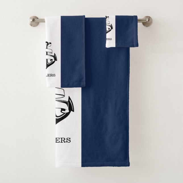 Navy Blue And White Anchor Nautical Striped Bath Towel Set (Insitu)