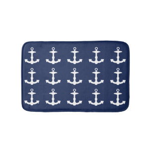 Navy Blue And White Anchor Pattern Bath Mat