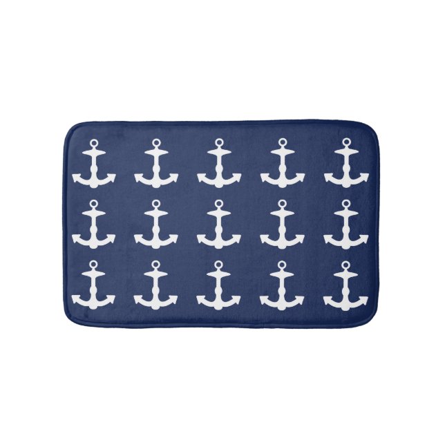 Navy Blue And White Anchor Pattern Bath Mat (Front)