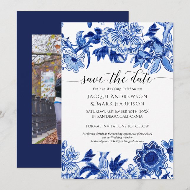 Navy Blue and White Asian Influence Chinoiserie Save The Date (Front/Back)