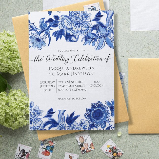 Navy Blue and White Asian Influence Wedding Invitation (Creator Uploaded)