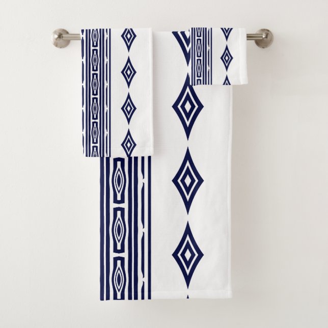 Navy Blue and White Aztec Tribal Striped Pattern Bath Towel Set (Insitu)