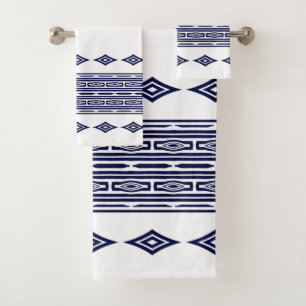 Navy Blue and White Aztec Tribal Striped Pattern Bath Towel Set