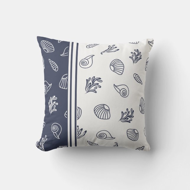 Navy Blue and White Beach House Coastal Nautical Outdoor Pillow (Front)