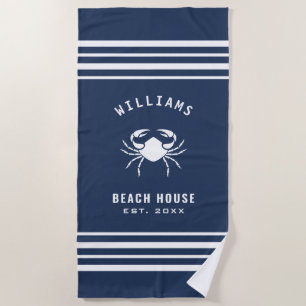 Navy Blue And White Beach House Family Name Crab Towel