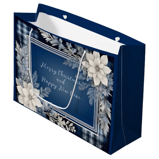 Navy Blue and White Beautiful Christmas Floral Large Gift Bag (Front Angled)