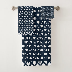 Navy Blue and White Cage Pattern Bath Towel Set