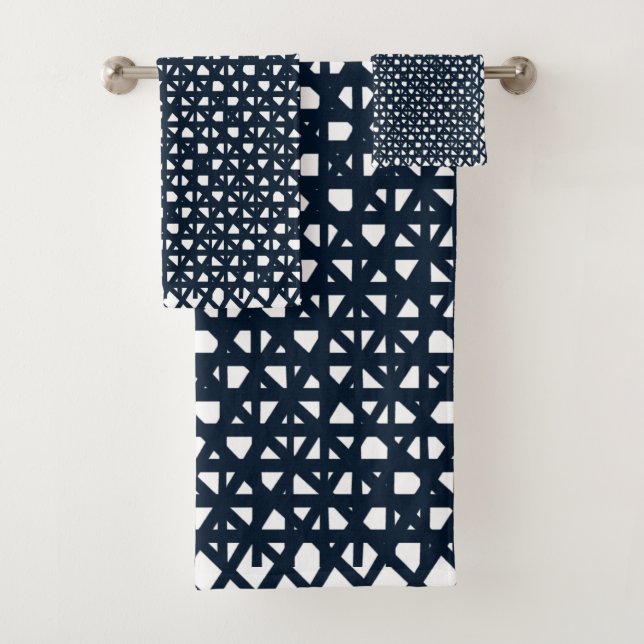 Navy Blue and White Cage Pattern Bath Towel Set (Insitu)