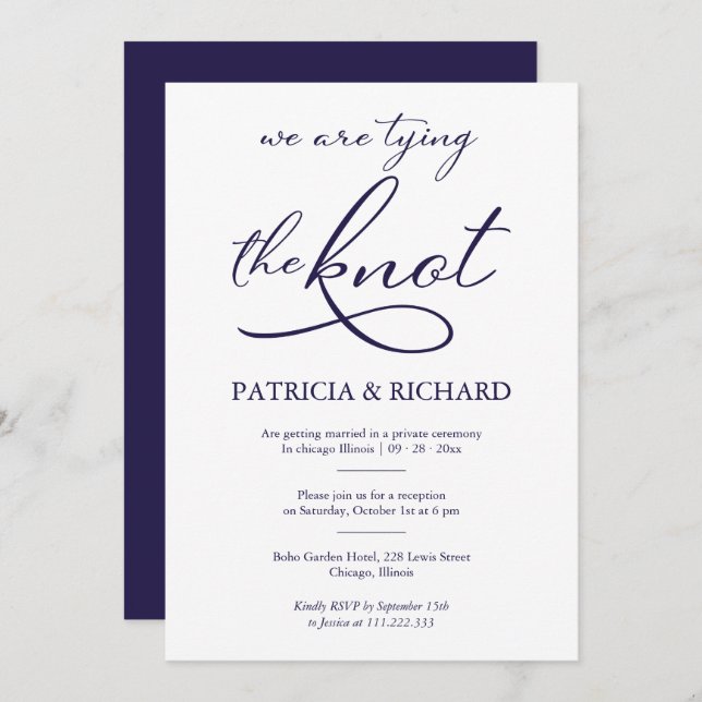 Navy Blue And White Calligraphy Elopement Wedding Invitation (Front/Back)