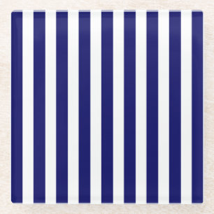 Navy blue and white candy stripes glass coaster