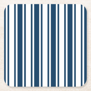 Navy blue and white candy stripes square paper coaster