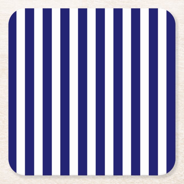 Navy blue and white candy stripes square paper coaster (Front)