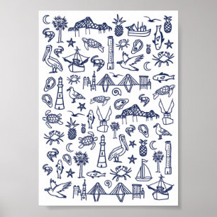 Navy Blue and White Charleston Toile Mini Poster