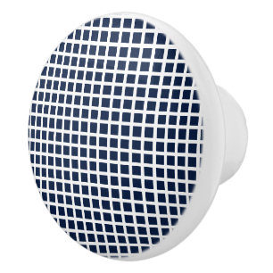 Navy Blue and White Checked Ceramic Knob